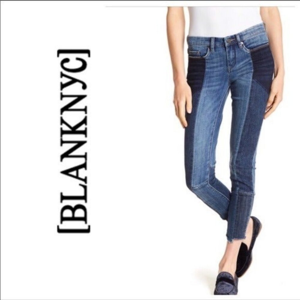 BLANKNYC Denim Patchwork Frayed Skinny Crop Jeans
